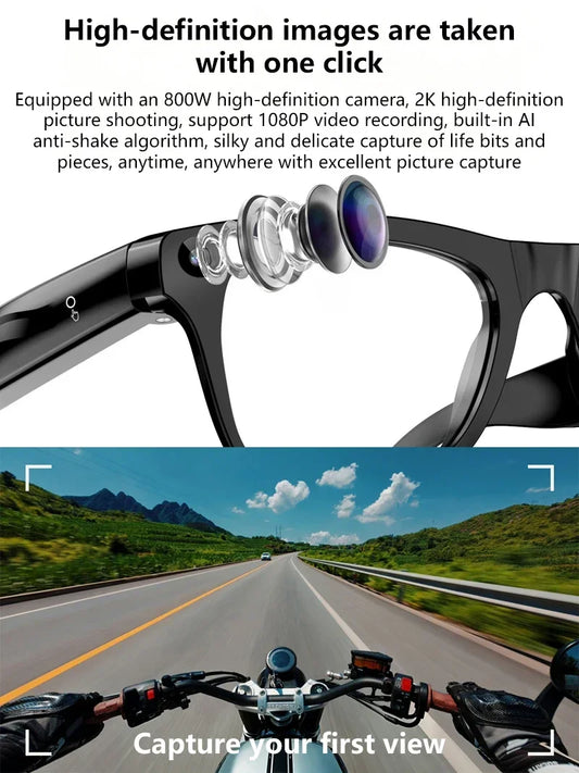 Black smart camera glasses with three-lens set