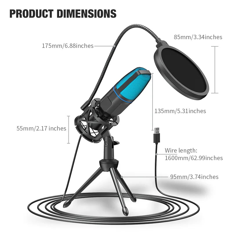 RGB USB microphone dimensions with tripod and pop filter