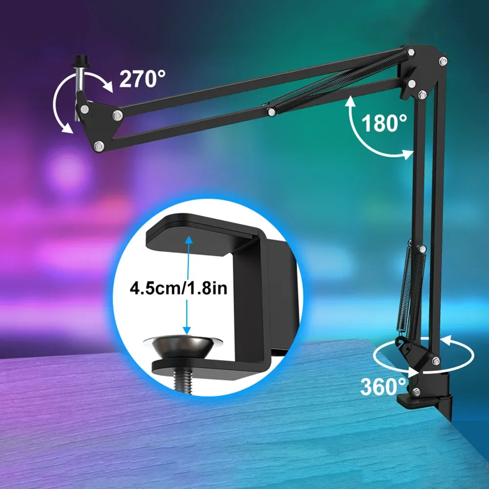 Adjustable microphone boom arm range and desk clamp
