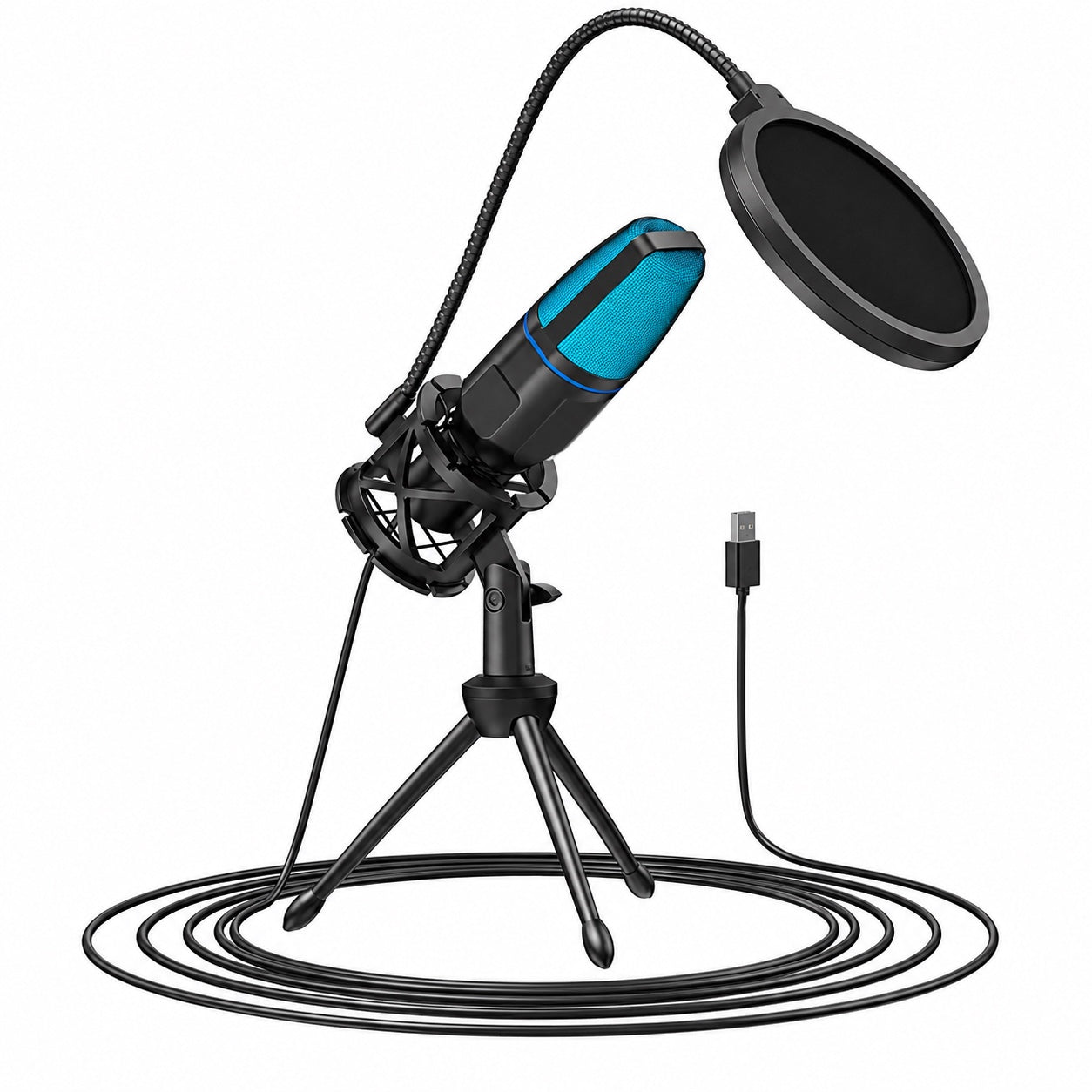 Condenser microphone with pop filter, desktop tripod and cable on white background