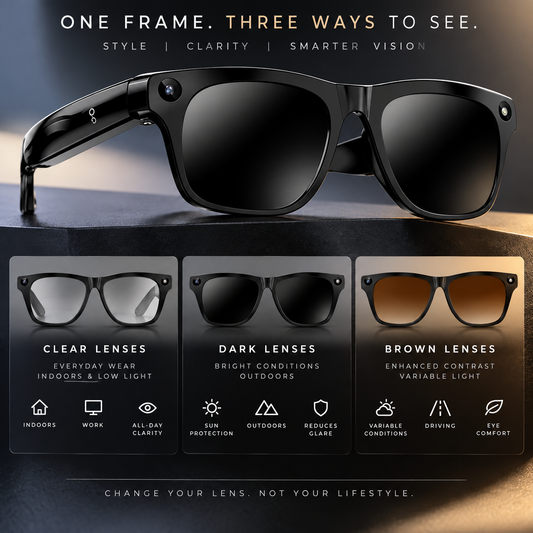 Smart camera glasses with clear, dark, and brown lens options