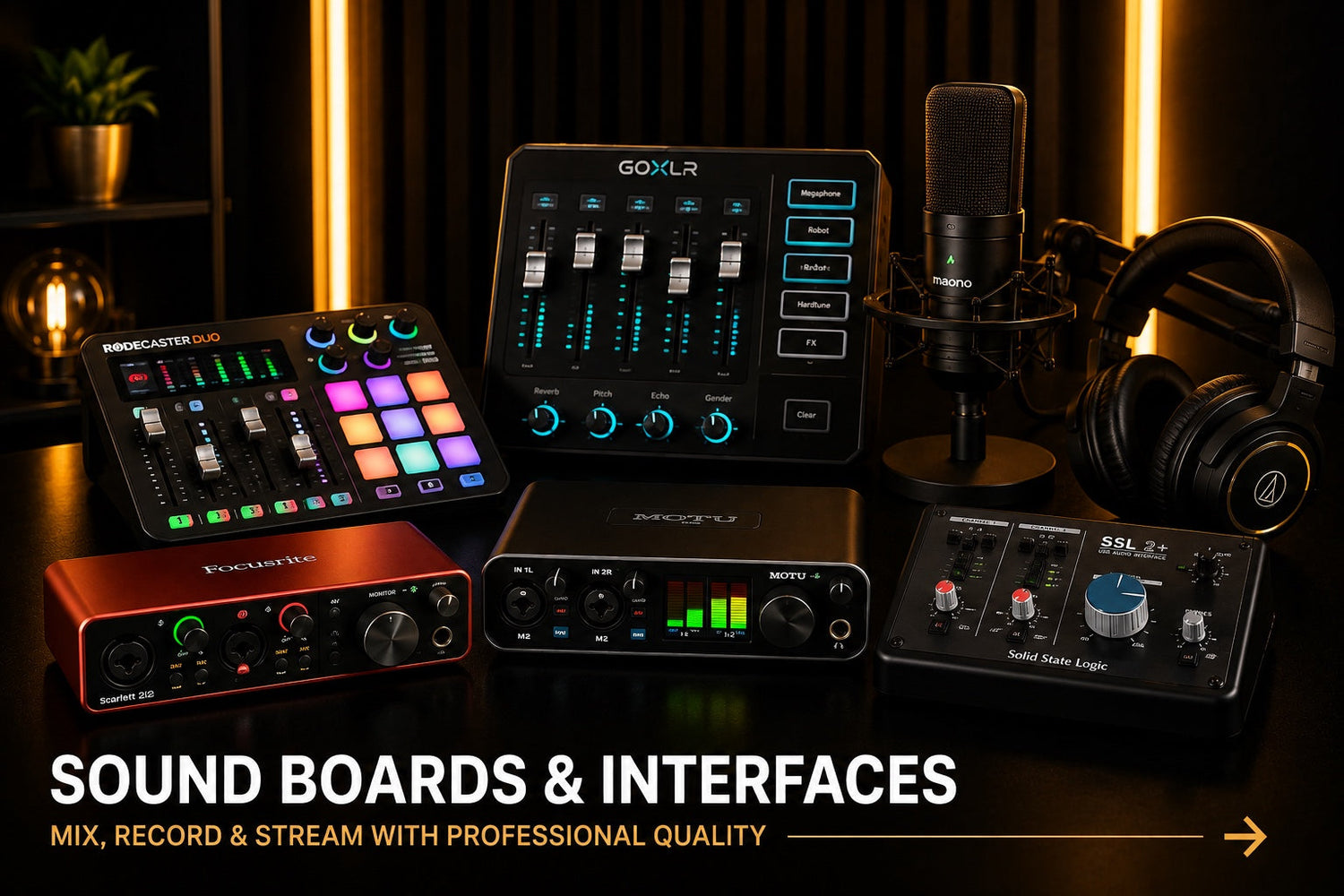 Sound boards, mixers and audio interfaces for podcasting, recording and streaming