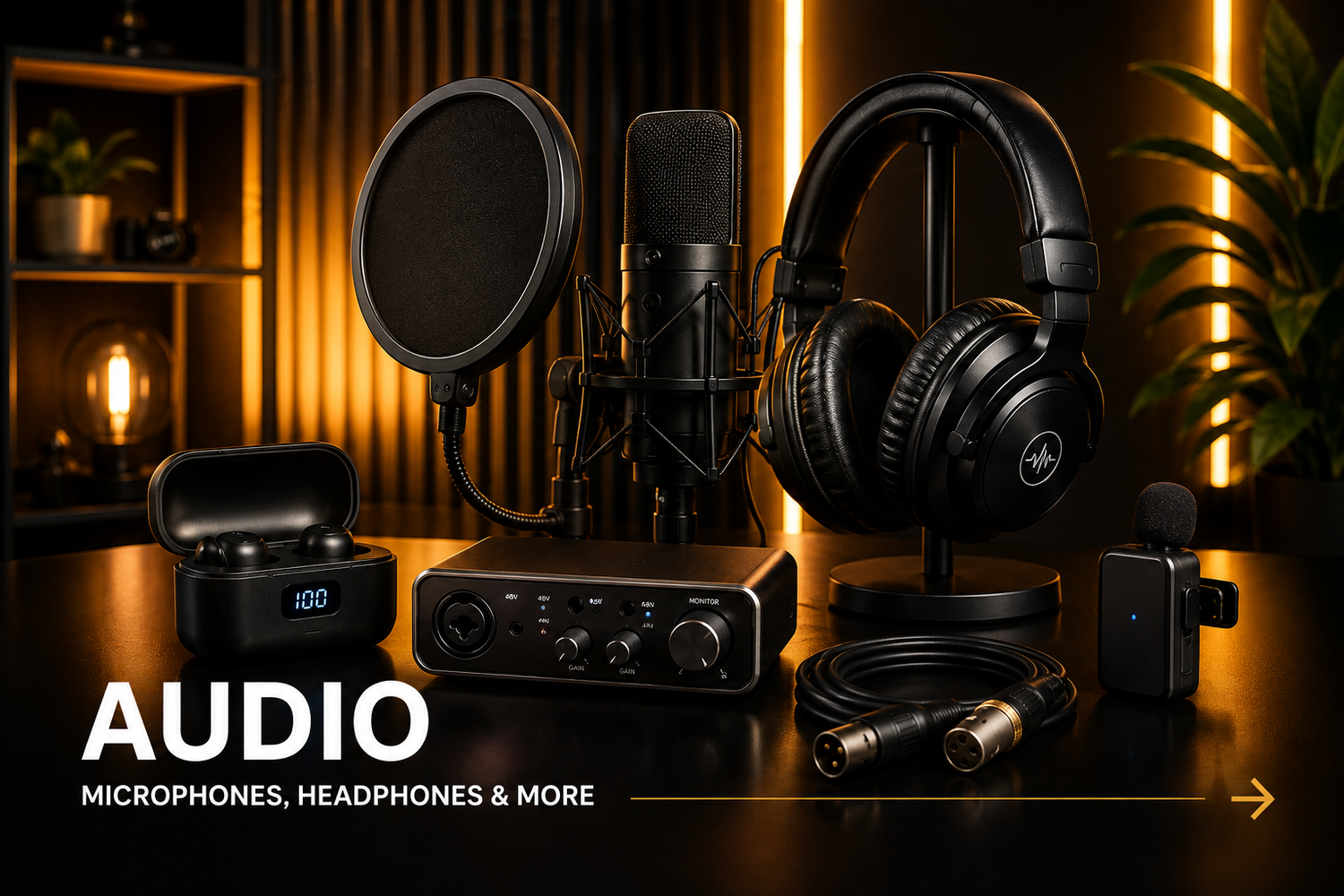 Audio creator gear including microphone, headphones, audio interface and wireless microphone
