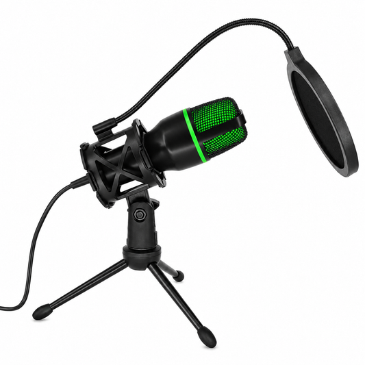 3.5mm condenser microphone with pop filter and desktop tripod on white background