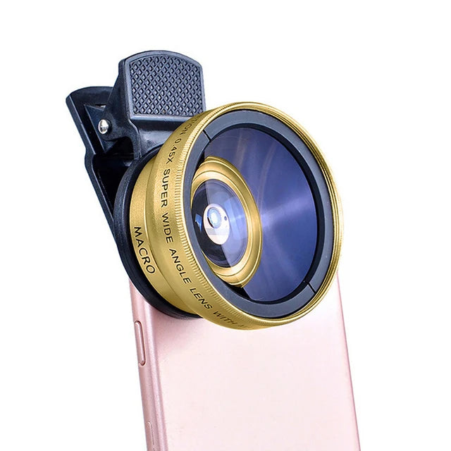 Gold clip-on wide-angle and macro phone lens