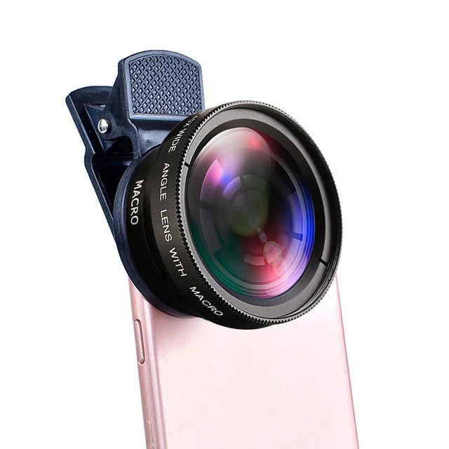 Black clip-on wide-angle and macro phone lens