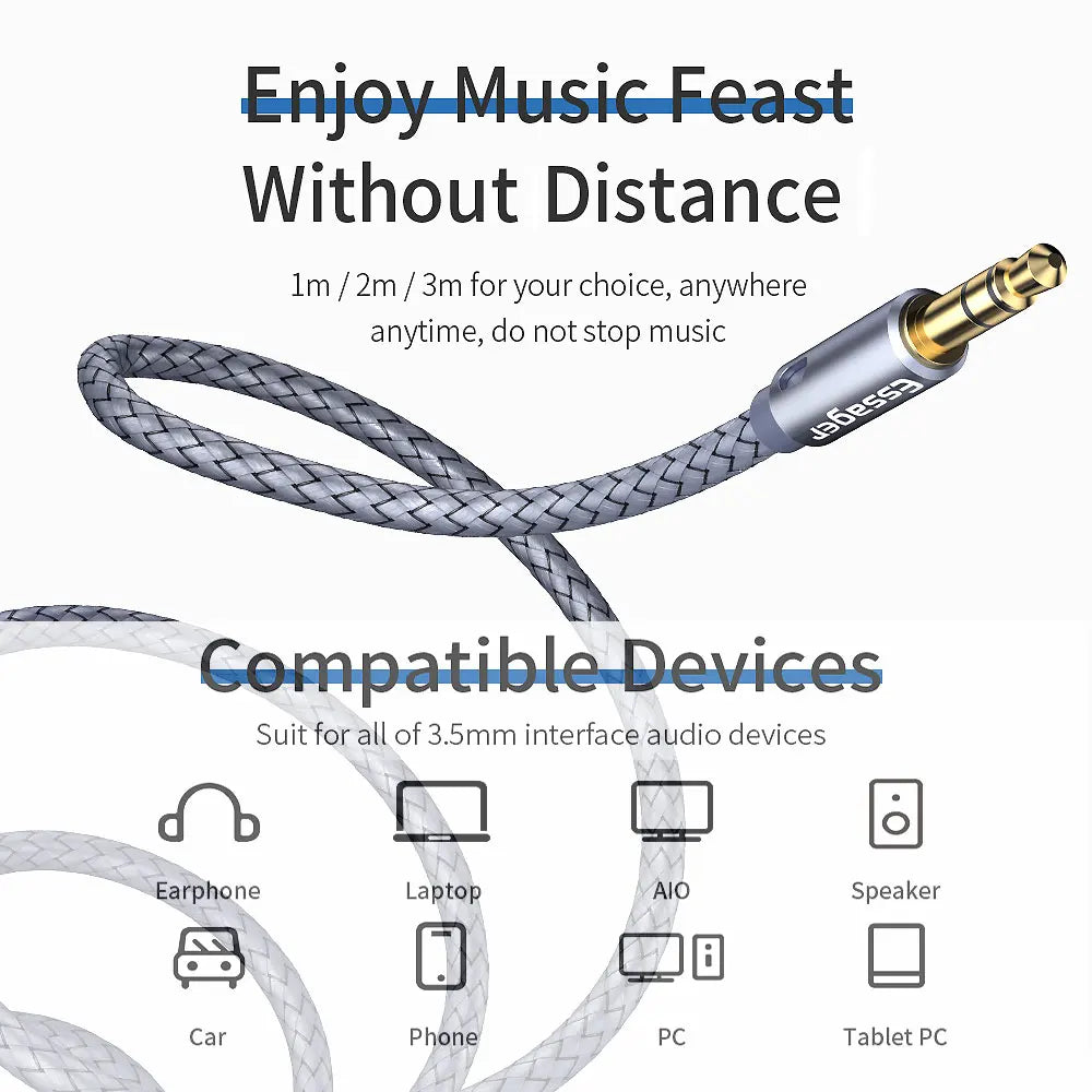 Essager AUX extension cable length and compatibility graphic