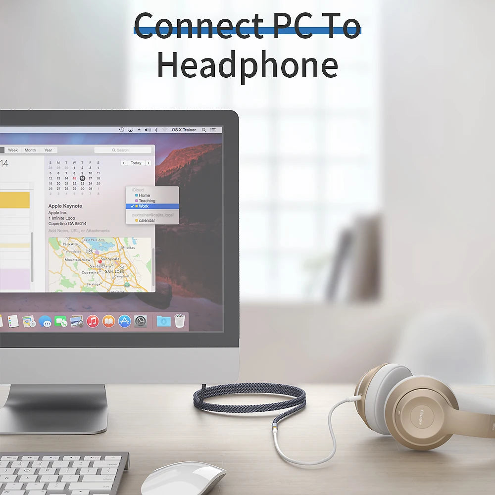 Essager headphone extension cable connecting a computer and headphones