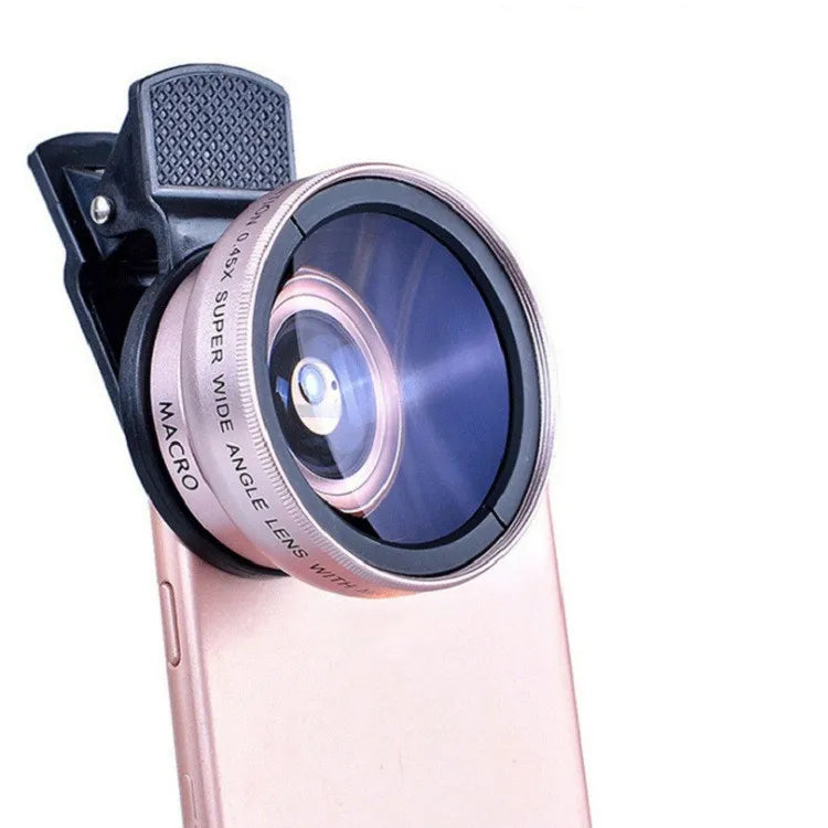 Clip-on wide-angle and macro phone lens attached to a smartphone