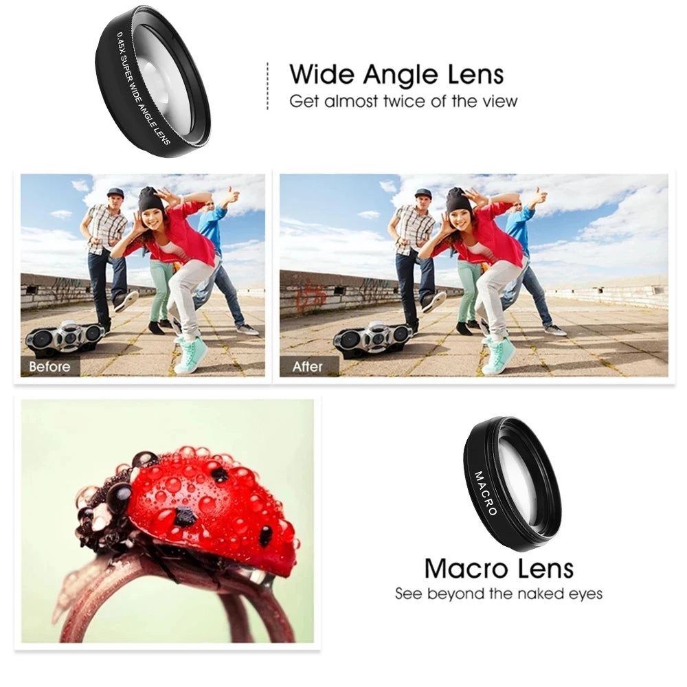 Wide-angle and macro phone lens before-and-after examples