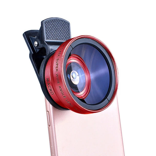 Red clip-on wide-angle and macro phone lens