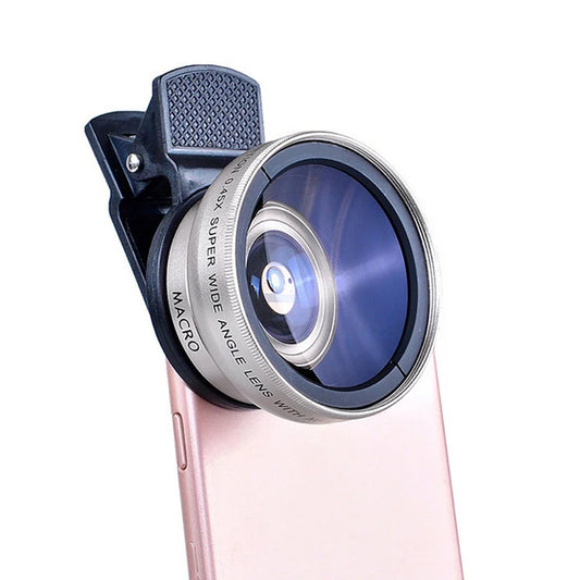 Silver clip-on wide-angle and macro phone lens