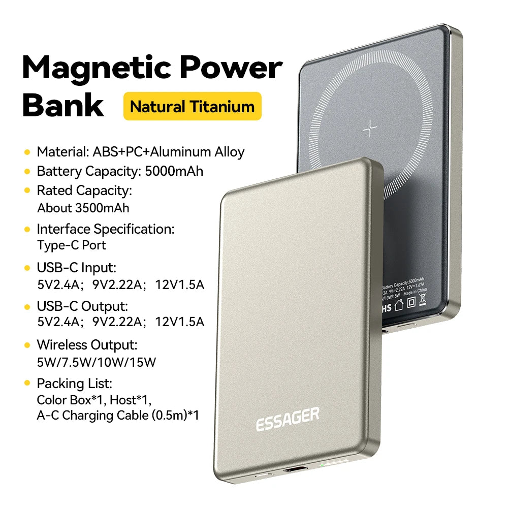 Natural Titanium Essager 5000mAh magnetic power bank specifications