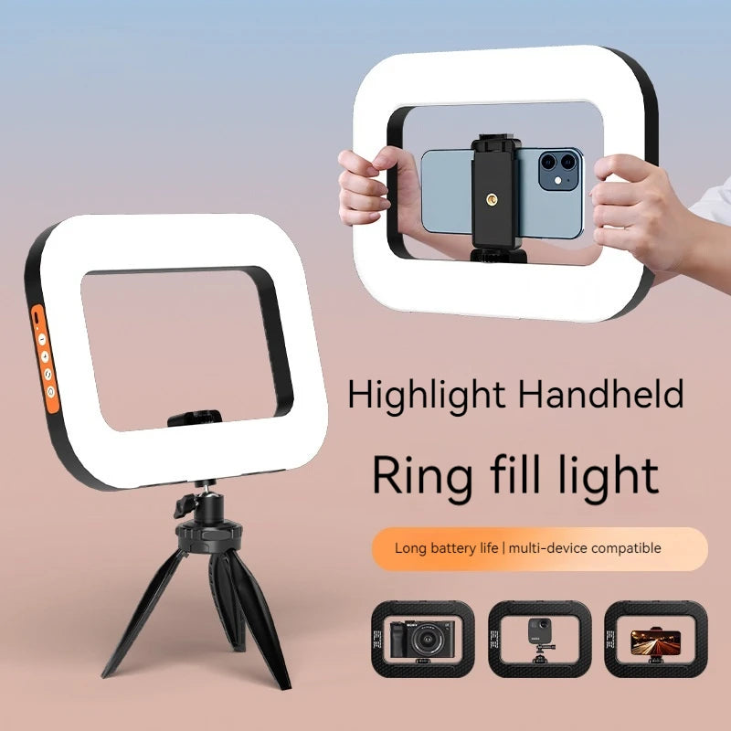 Rechargeable handheld ring light with phone holder and mini tripod