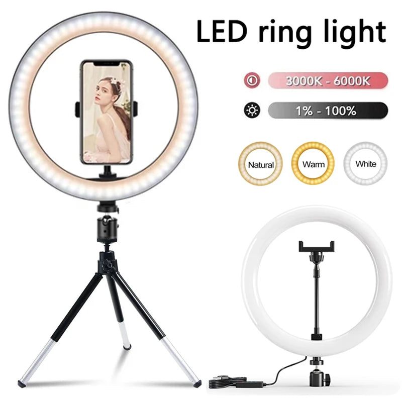LED ring light with phone holder and tabletop tripod