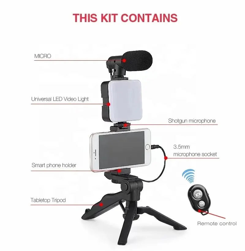 Smartphone vlogging kit with tripod, microphone and LED light – product feature image 6