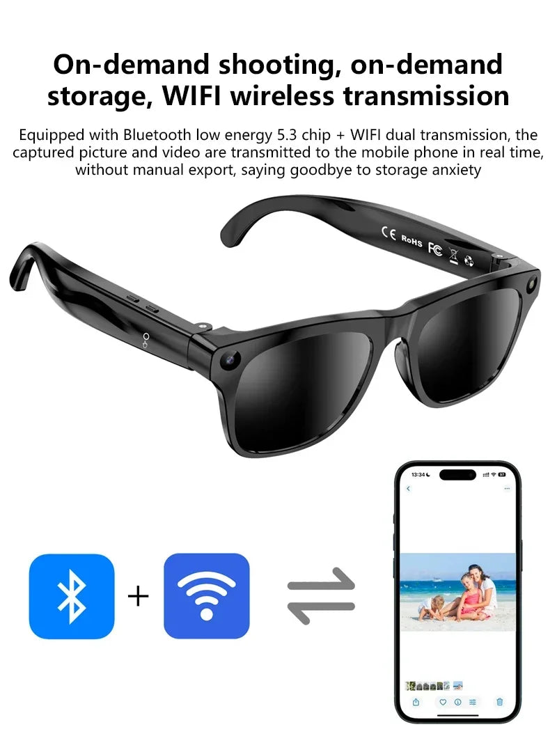 Orange smart camera glasses with three-lens set