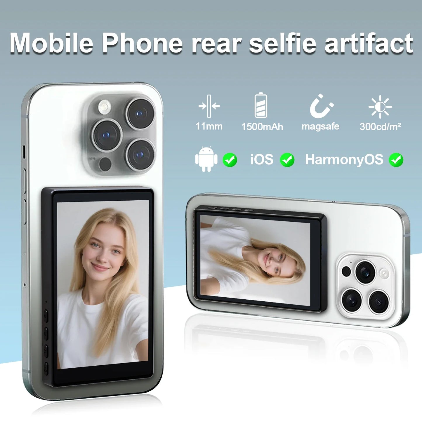Rear-camera selfie monitor mounted on a smartphone