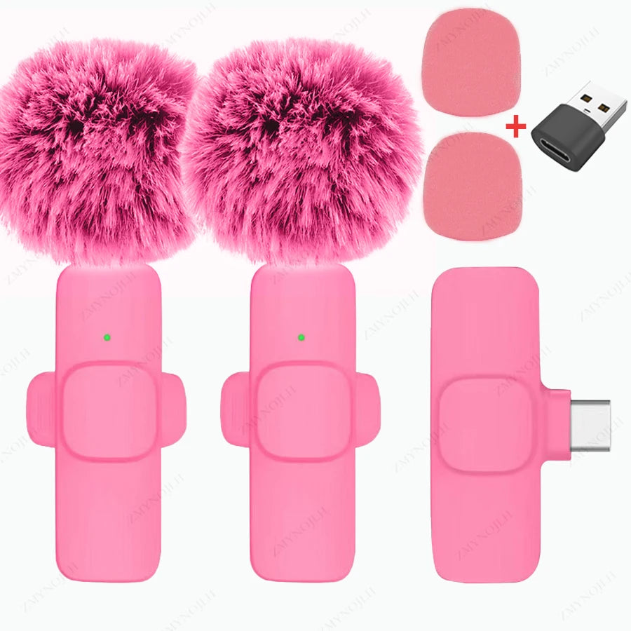 Pink K9 dual wireless lavalier microphones with USB-C receiver and USB adapter