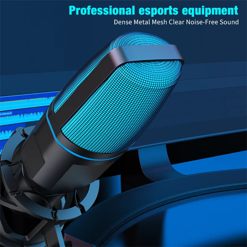 RGB-lit condenser microphone close-up