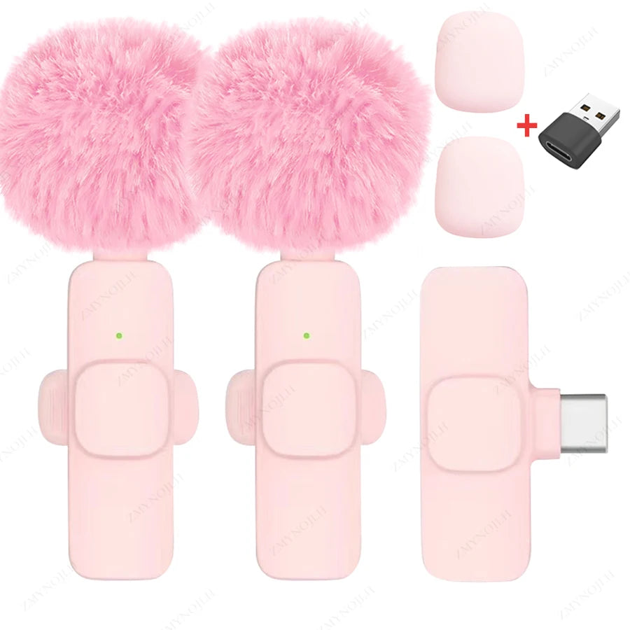 Light-pink K9 dual wireless microphones with USB-C receiver and USB adapter