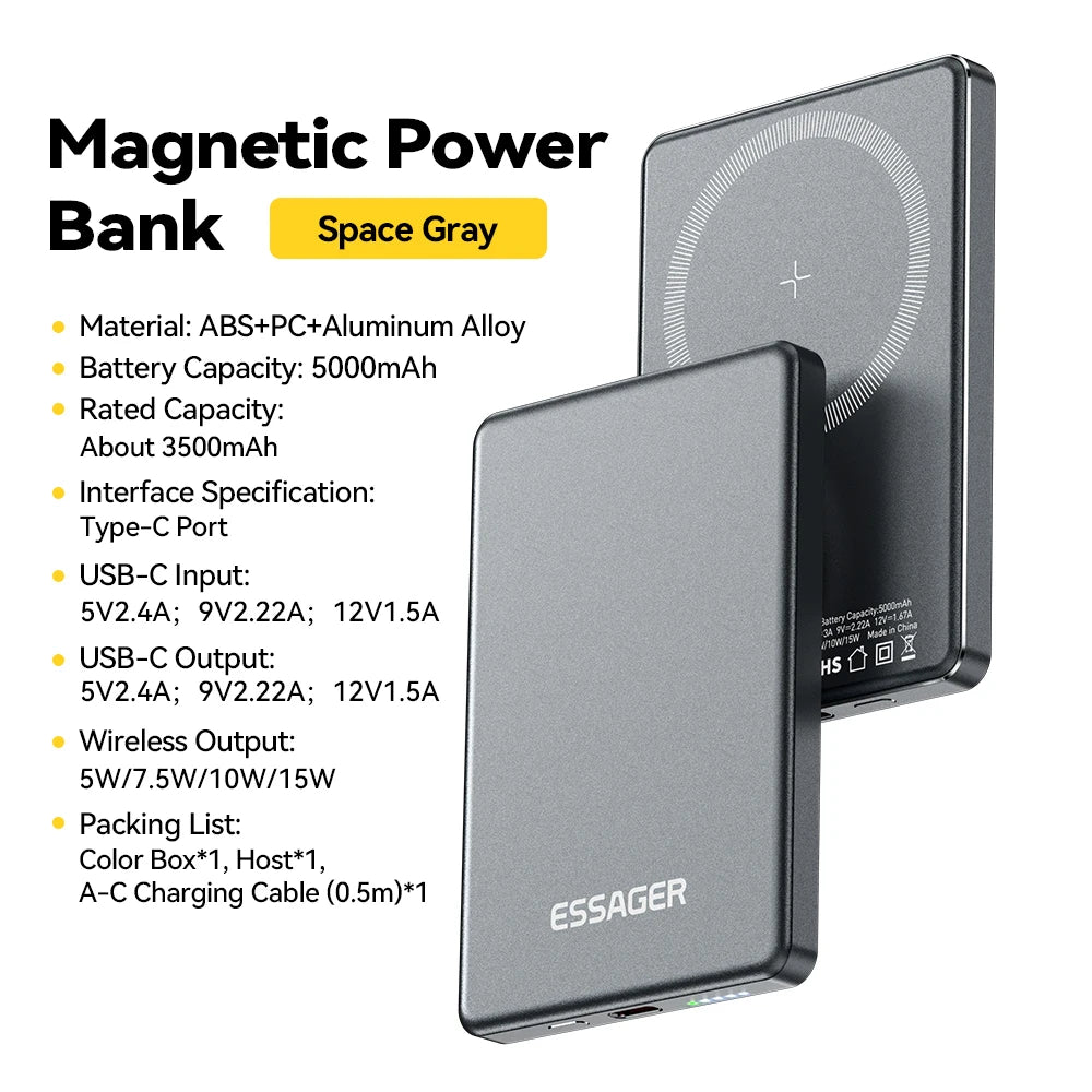Space Gray Essager 5000mAh magnetic power bank specifications