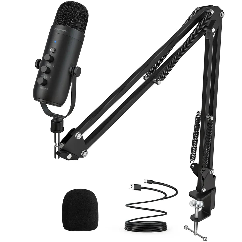 USB podcast microphone kit with boom arm, clamp, cable and windscreen