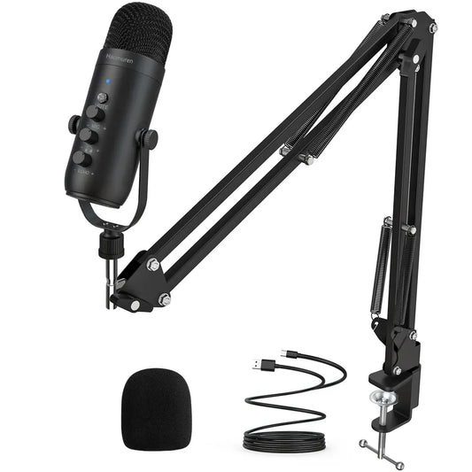 USB podcast microphone kit with boom arm, clamp, cable and windscreen