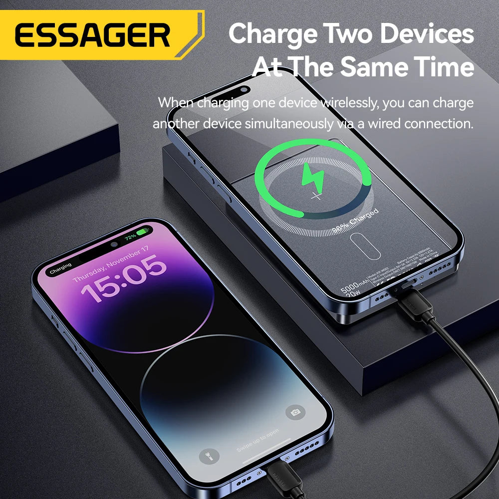 Essager magnetic power bank charging two devices