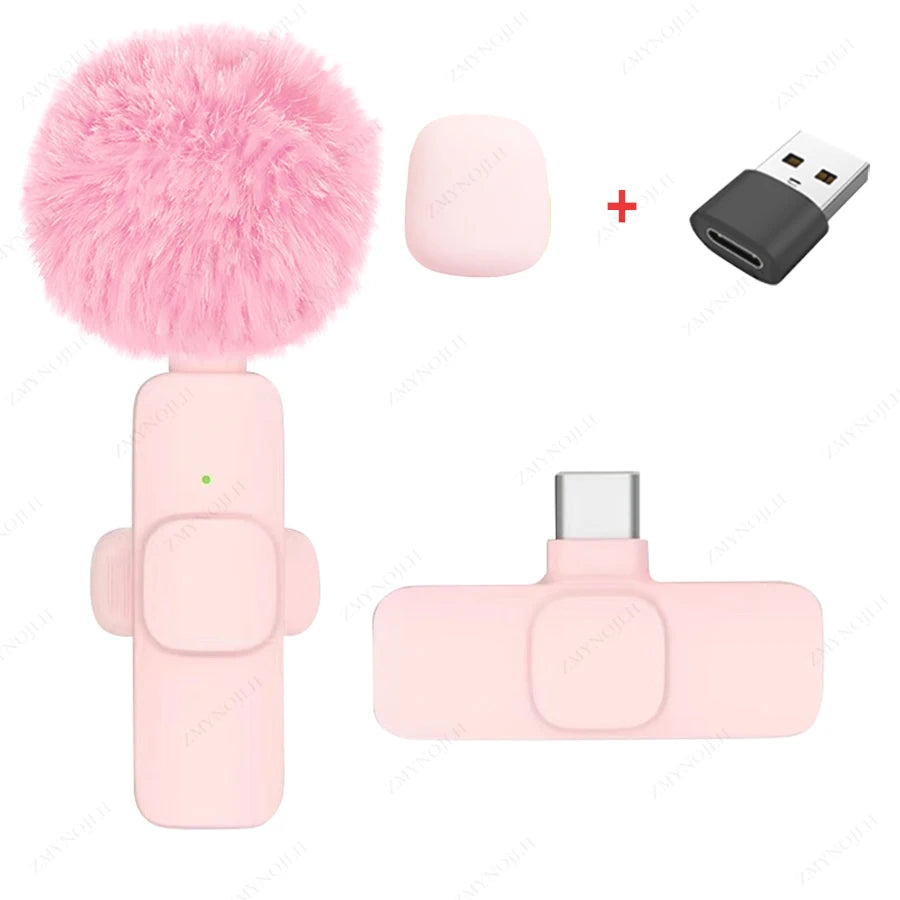 Light-pink K9 wireless microphone with USB-C receiver and USB adapter