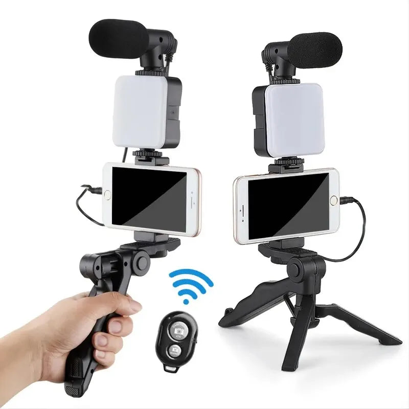 Smartphone vlogging kit with tripod, microphone and LED light