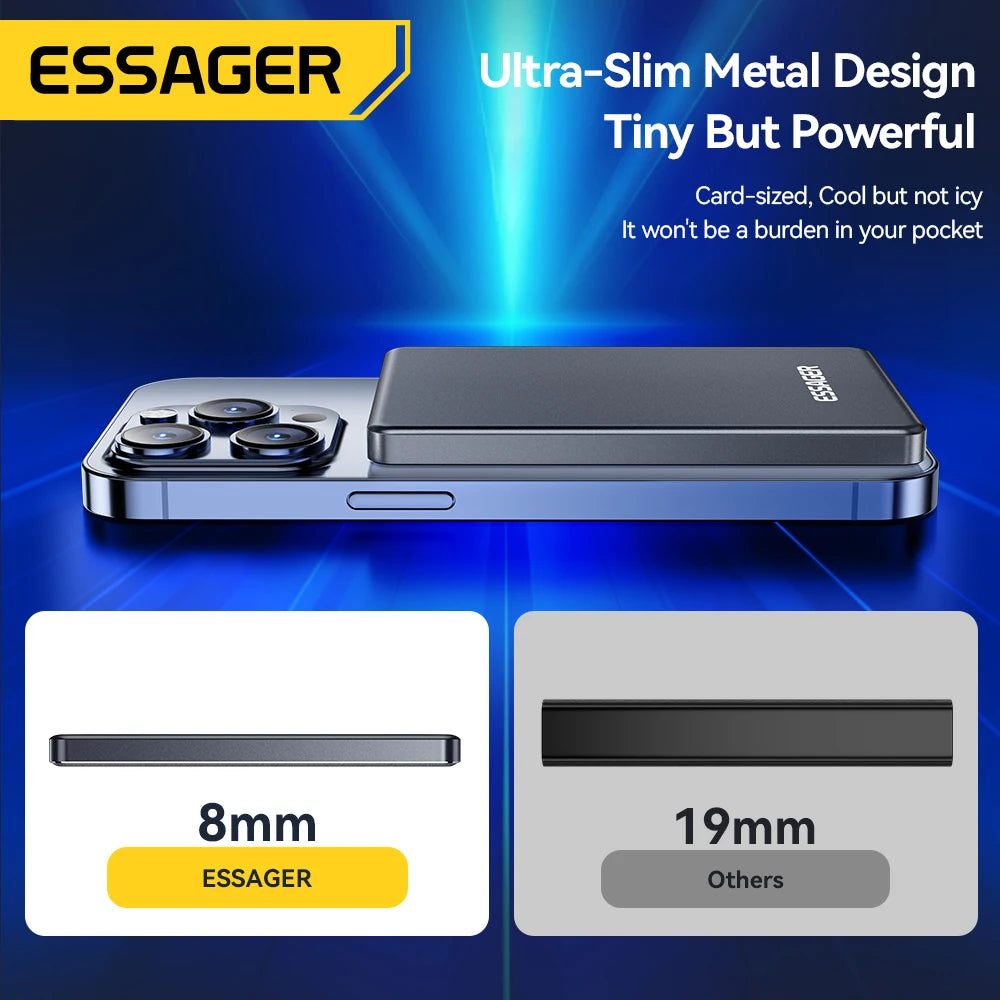 Slim 8 mm Essager magnetic power bank beside a smartphone