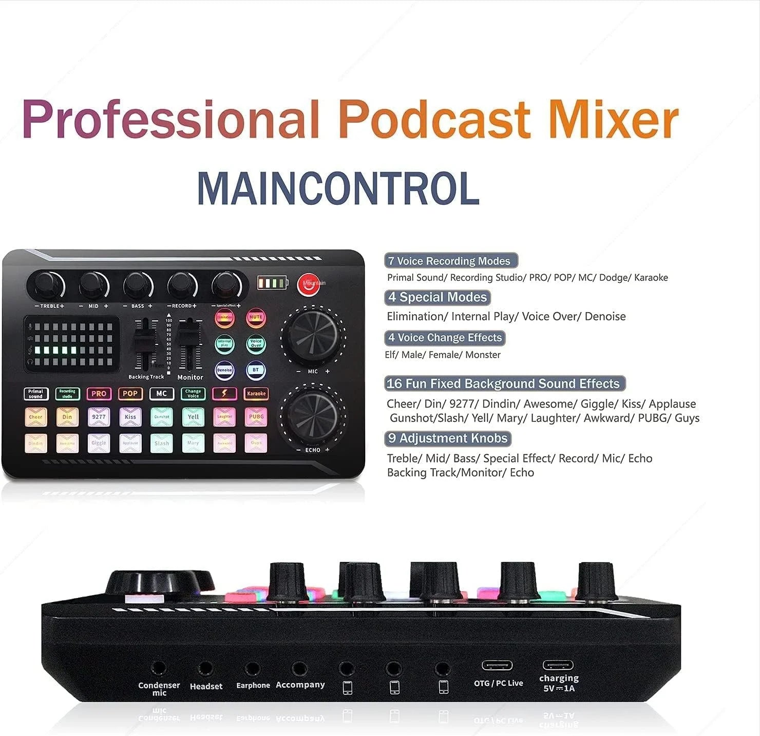 F988 podcast mixer sound card controls and connection ports