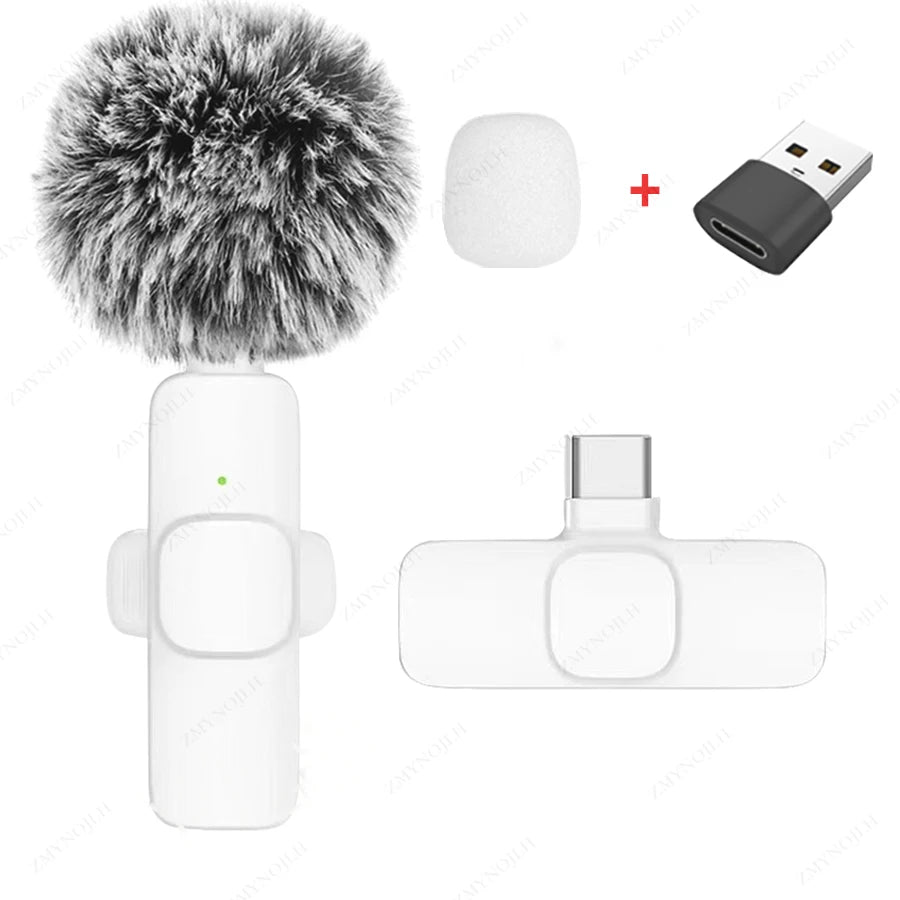 White K9 wireless microphone with USB-C receiver and USB adapter