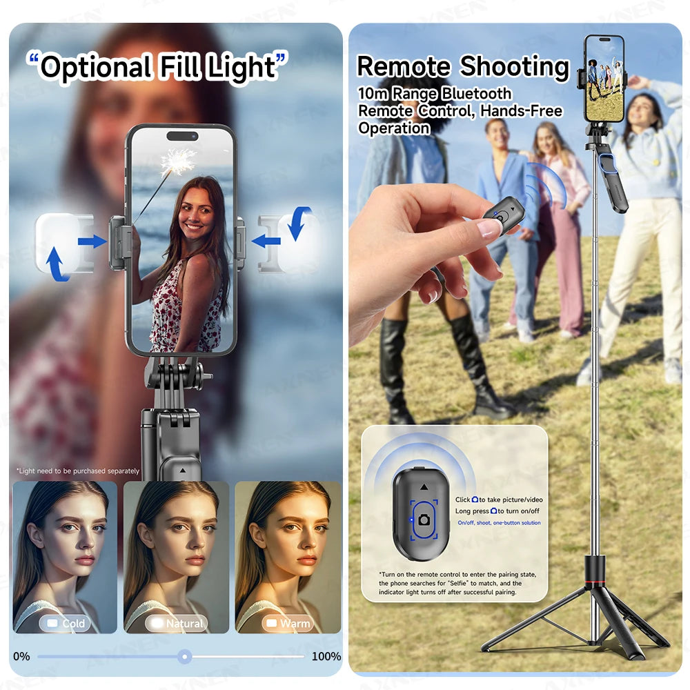 F16 selfie stick tripod configuration with fill light