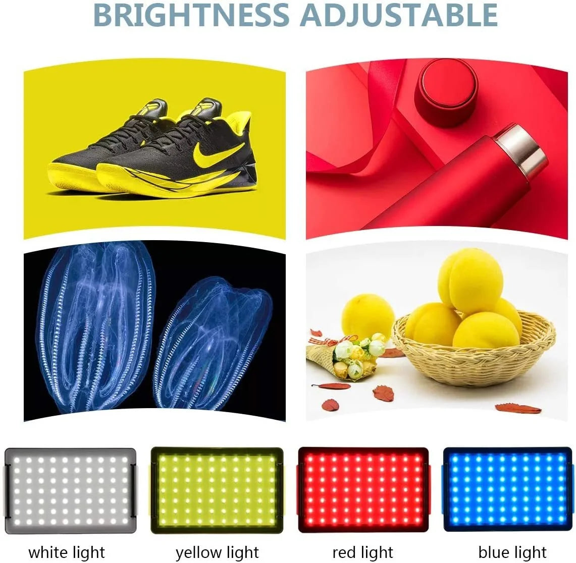 Dimmable 70-LED video light with white, yellow, red and blue filters