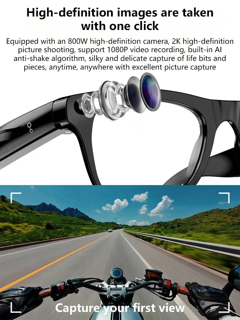 Black smart camera glasses with three-lens set