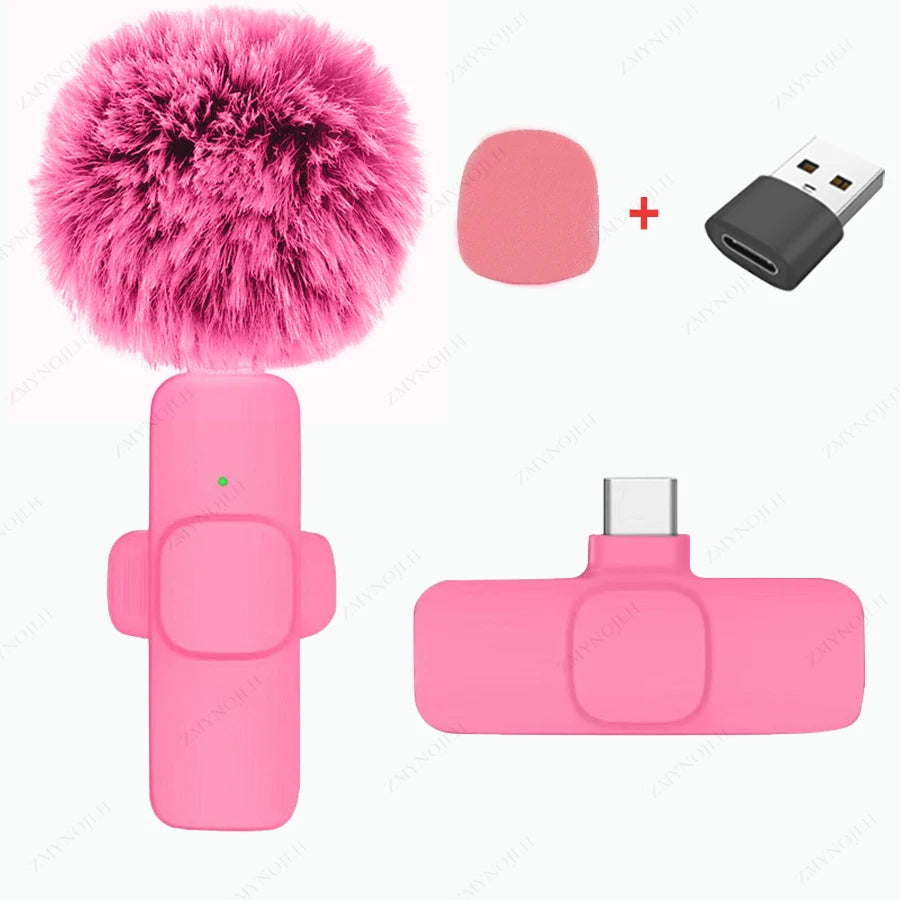 Pink K9 wireless microphone with USB-C receiver and USB adapter