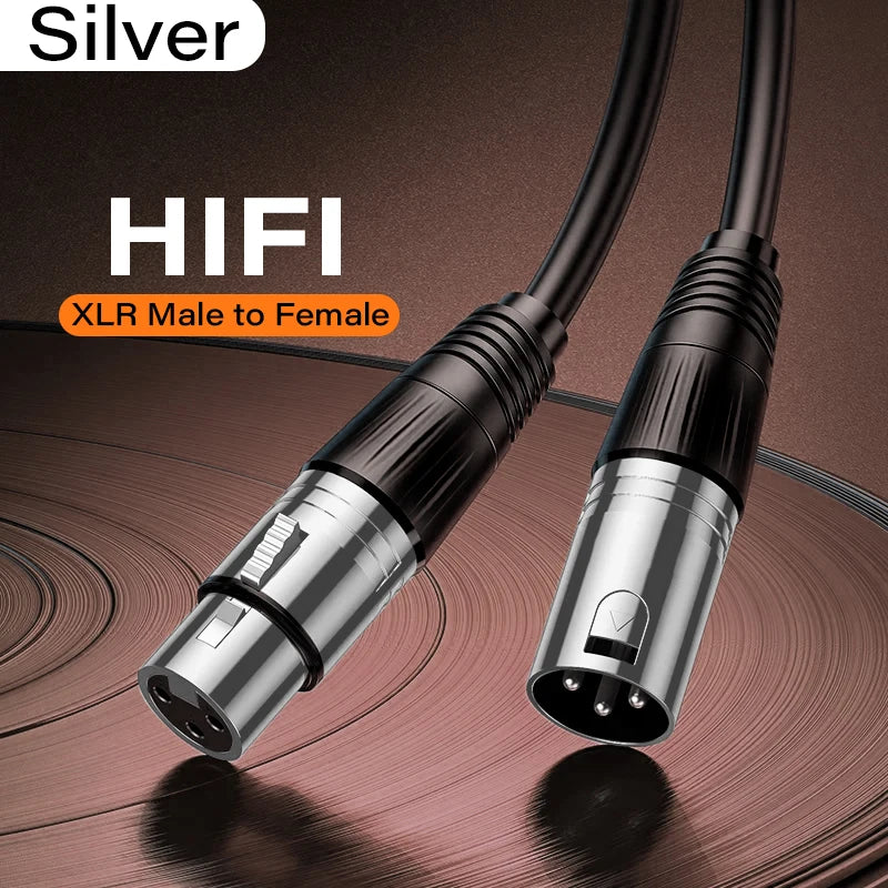 Silver XLR male-to-female audio cable