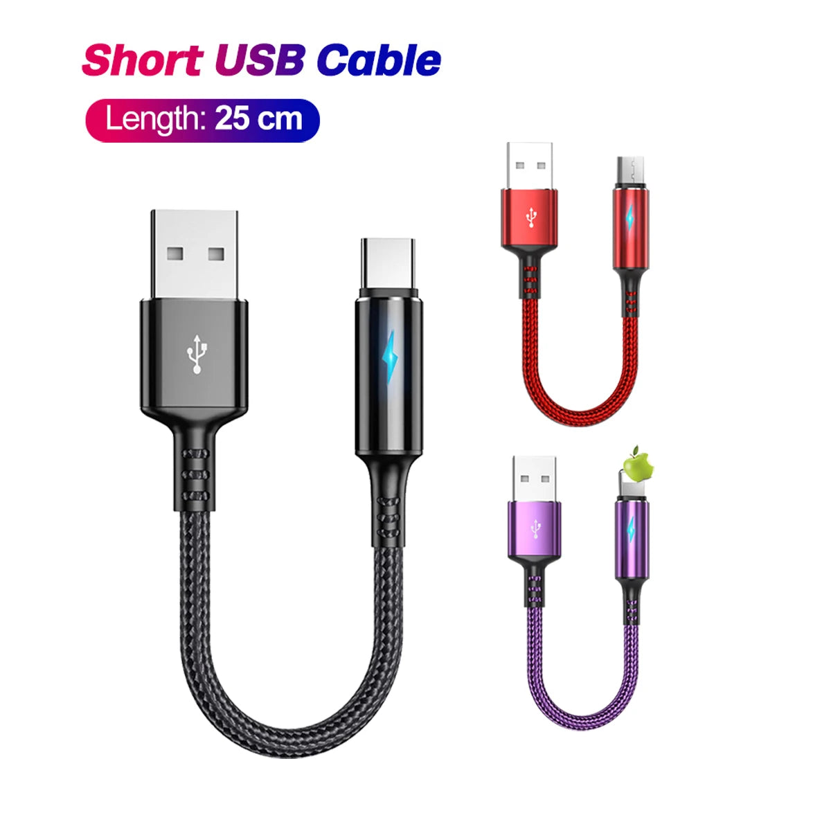 Short 25 cm braided charging cable in black, red and purple