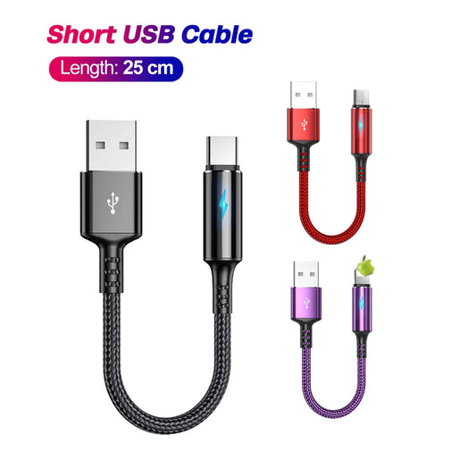 Short 25 cm braided charging cable in black, red and purple