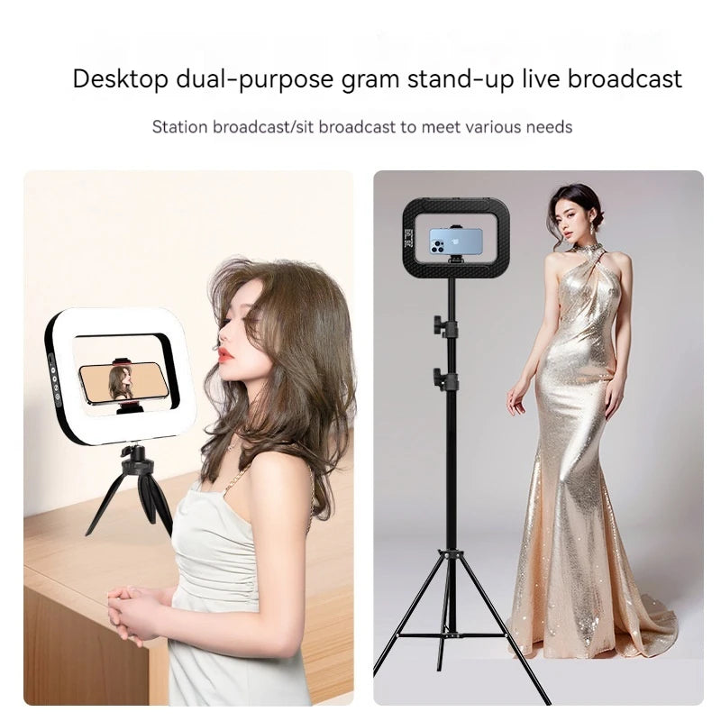 Handheld ring light used in desktop and portrait setups