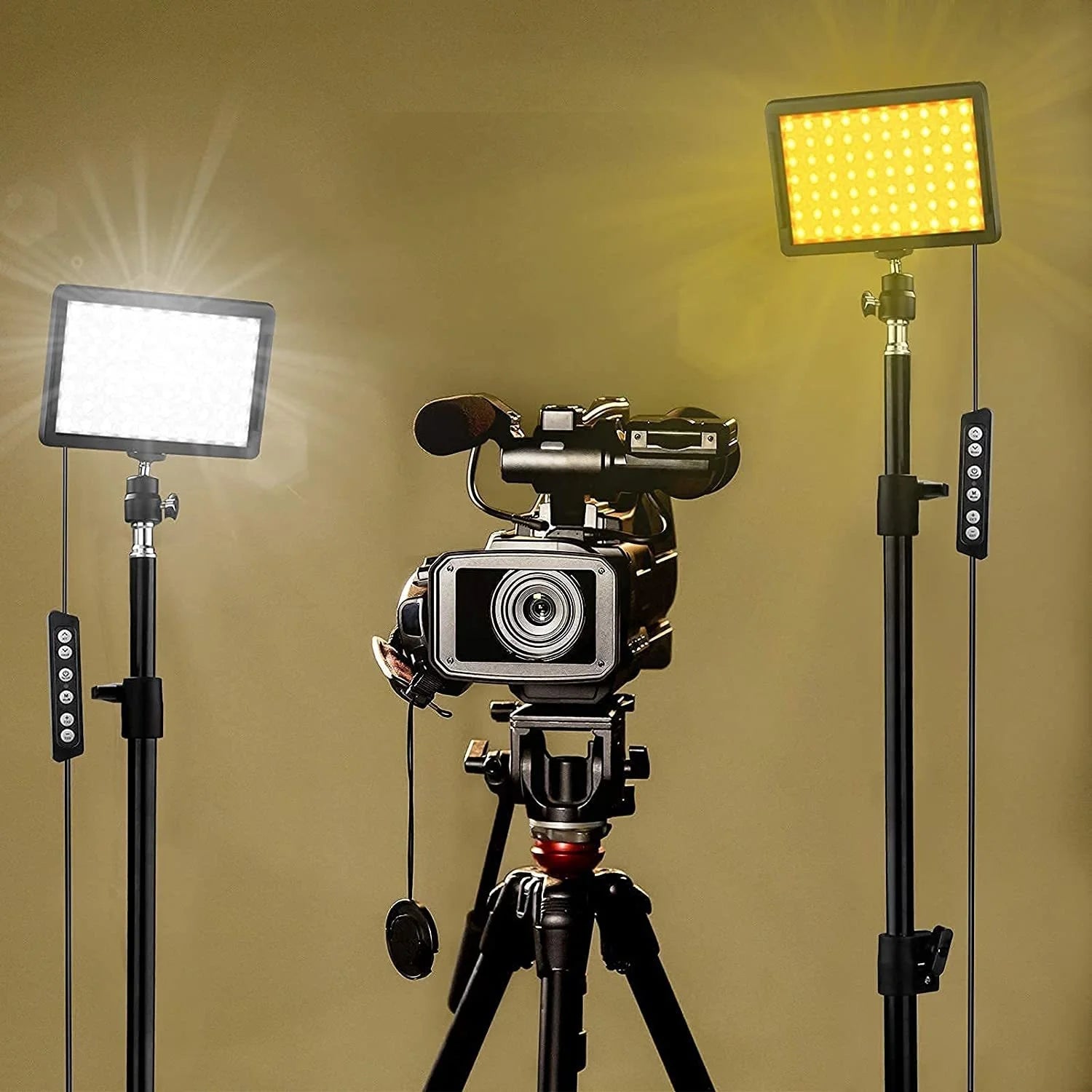 LED video light illuminating a camera recording setup