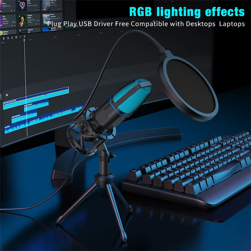 RGB USB microphone in a gaming desktop setup