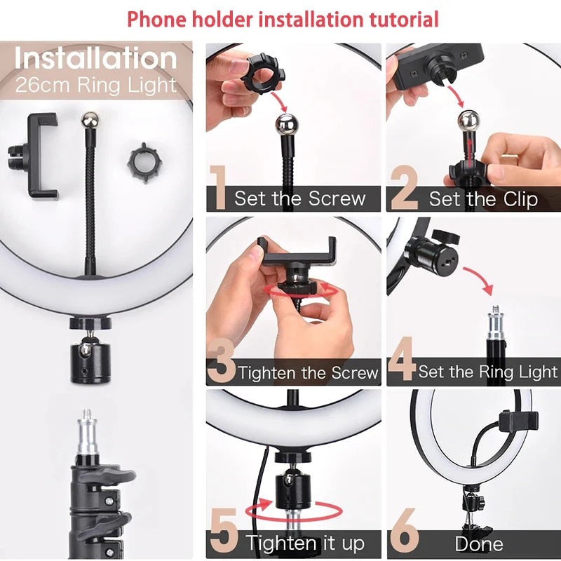 Phone holder installation steps for an LED ring light