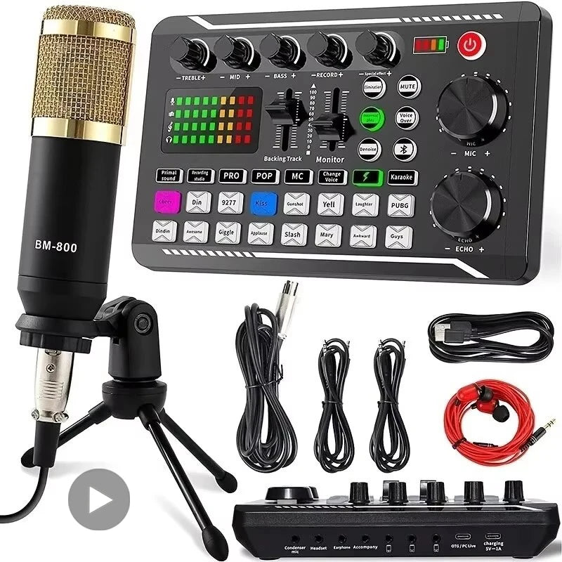 F988 sound card, condenser microphone, tabletop stand and cables