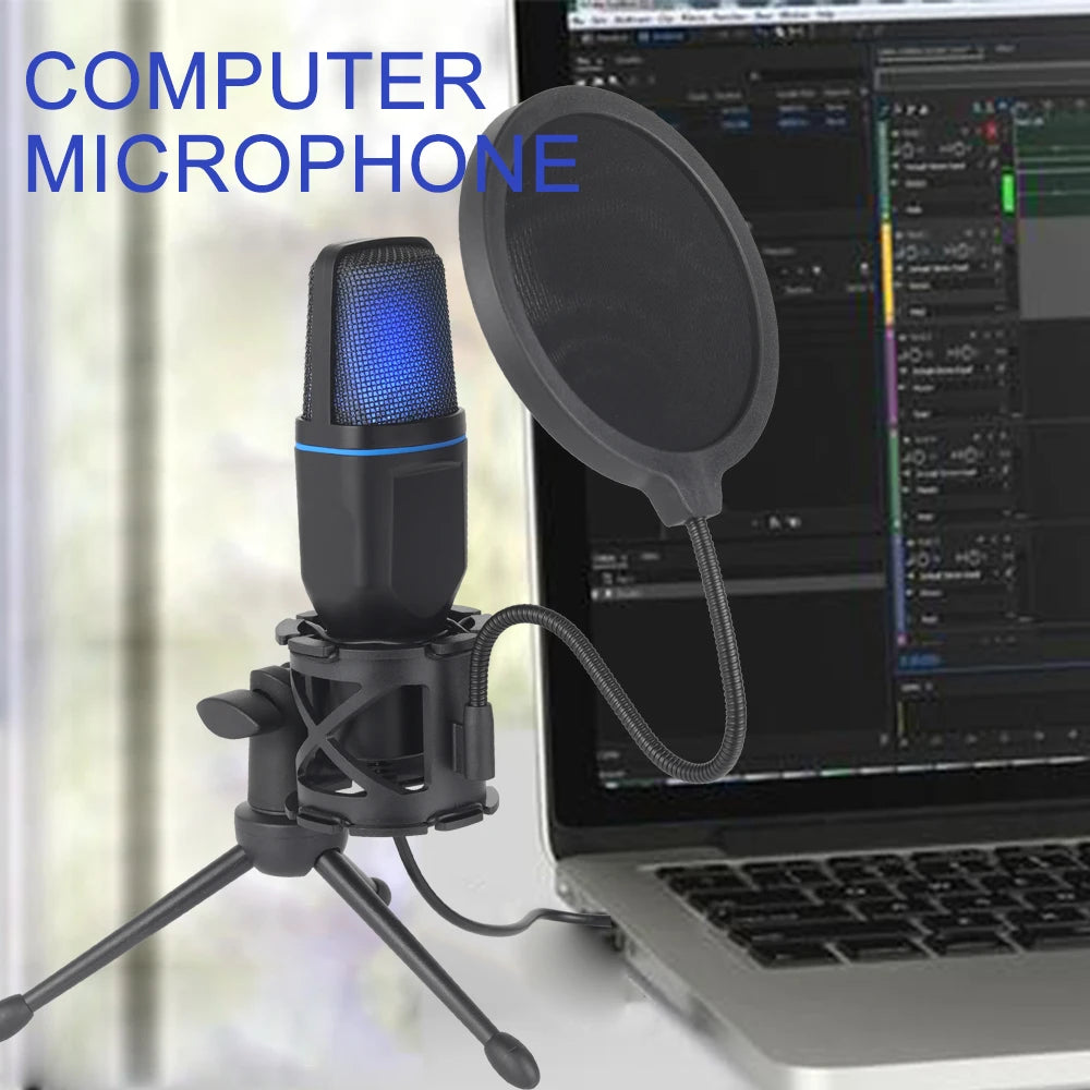 RGB USB condenser microphone with pop filter and desktop tripod