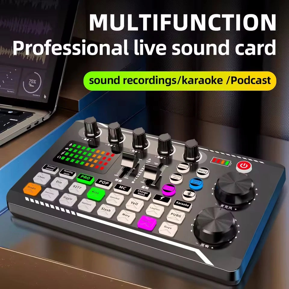 F988 live sound card and podcast mixer in a desktop setup