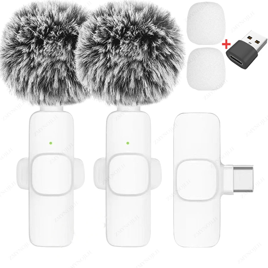 White K9 wireless microphone with USB-C receiver and USB adapter