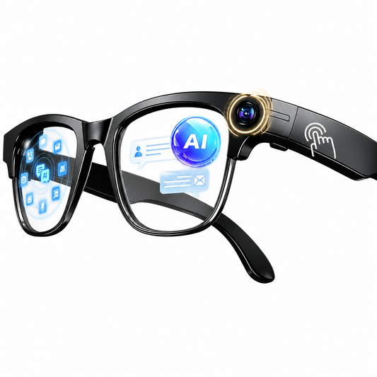 Bluetooth camera glasses on a clean white background